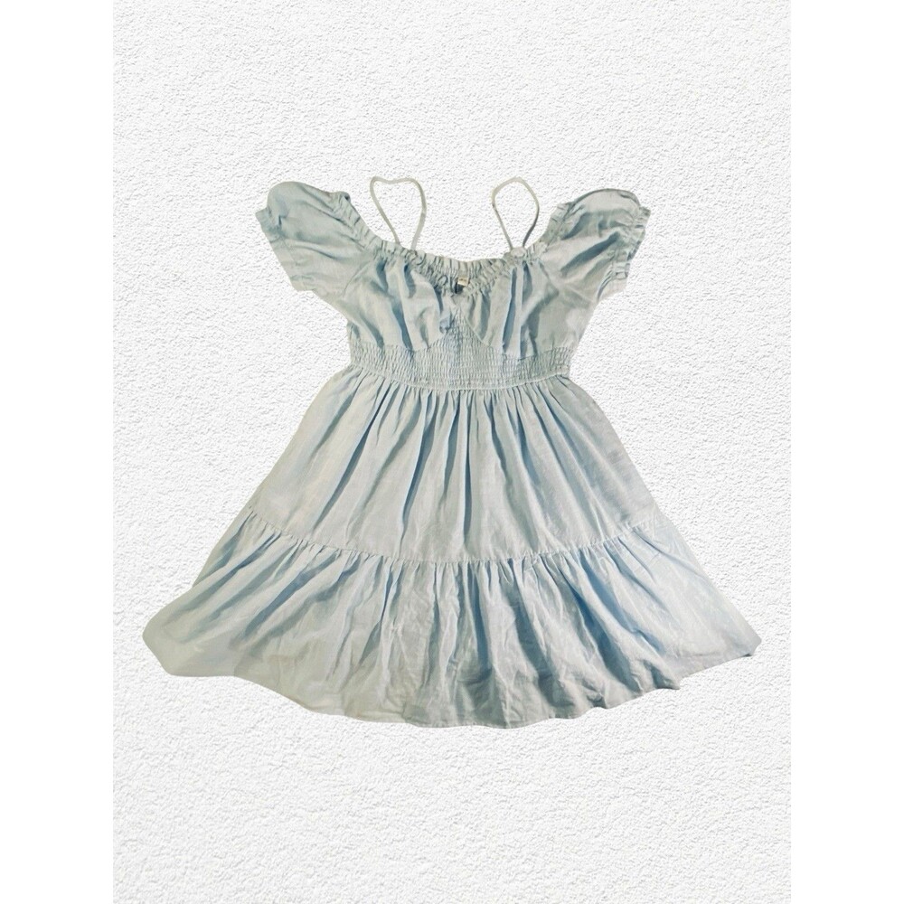 NWT Zexxxy Blue Off Shoulder Mini Dress Women L Smocked Puff Sleeve Linen Blend